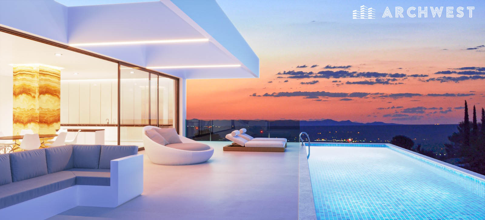 55. 3D Render of a Dusk Setting for Pool of a Luxurious House